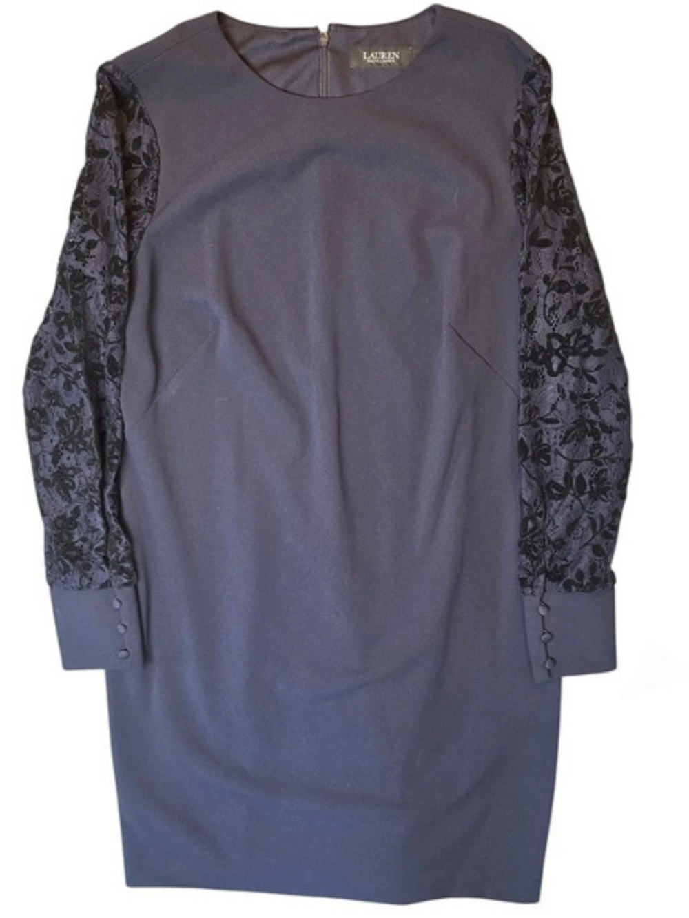 Lauren Ralph Lauren Navy Blue Jersey Lace-Sleeve Shift Dress 12 Formal Party
